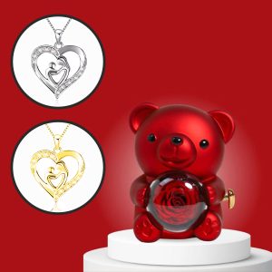 Naszyjnik z sercem i pudełko na biżuterię z obracającym się misiem | MOMHEART_ROSBEAR